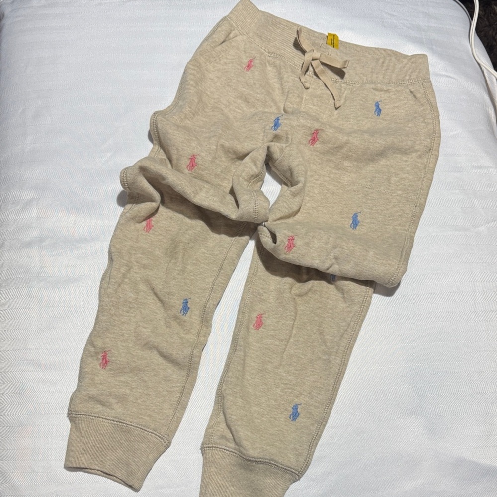 Ralph Lauren Beige Joggers with Pink & Blue Pony Embroidery